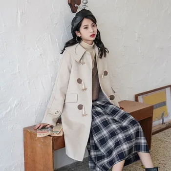 

Ailegogo New Autumn Winter Horn Button Loose Long Cotton Coat Casual Female Turn Down Collar Fashion Beige Coat Outwear