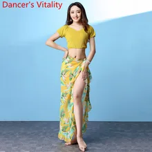 Одежда для занятий танцами живота, укороченный топ, 3 цвета, набедренный шарф с принтом, для женщин, для восточных, индийских танцев, группа, сценический тренировочный костюм
