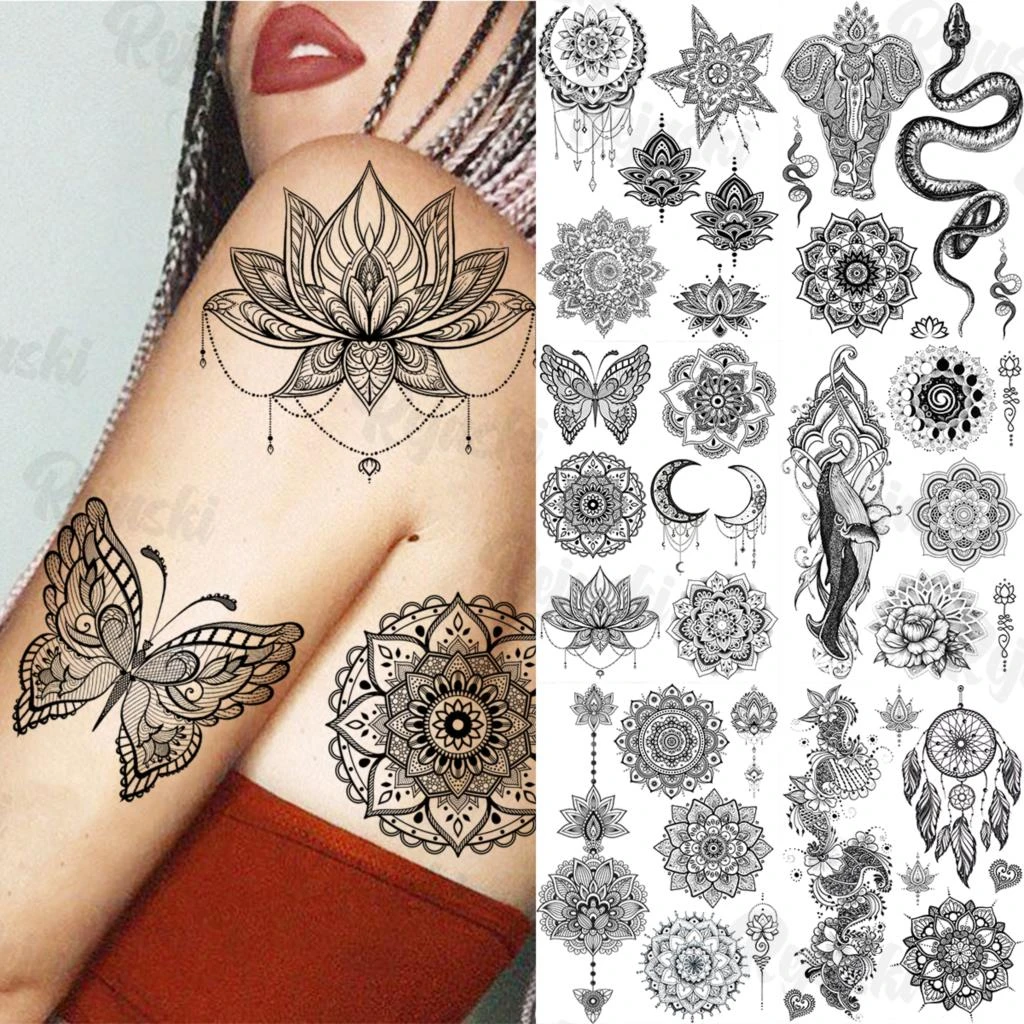 Butterfly Lotus Mandala Temporary Tattoos For Women Men Whale Snake Elephant Dream Catcher Fake Tattoo Sticker Arm Back Tatoos Temporary Tattoos Aliexpress