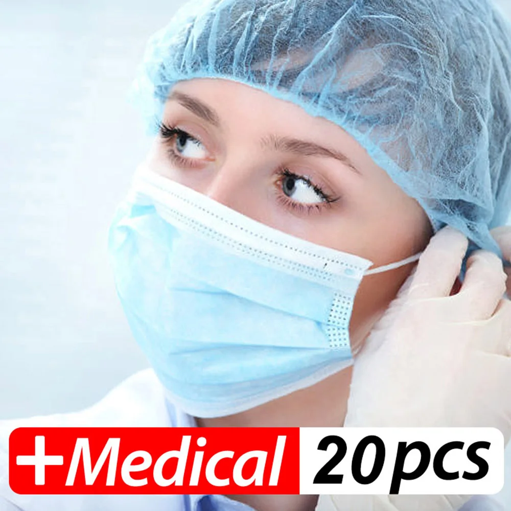

20 Pcs Anti-Virus Disposable Face Masks 3 Layers Mask Facial Protective Cover Set Surgical Salon Earloop