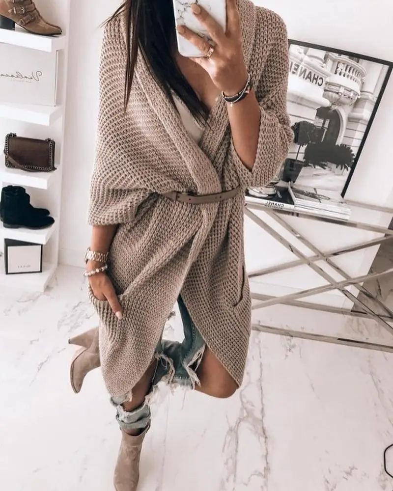 Women Solid Pointelle Open Front Pocket Design Longline Cardigan Spring Autumn Casual Sweater Classy Chic Streetwear |