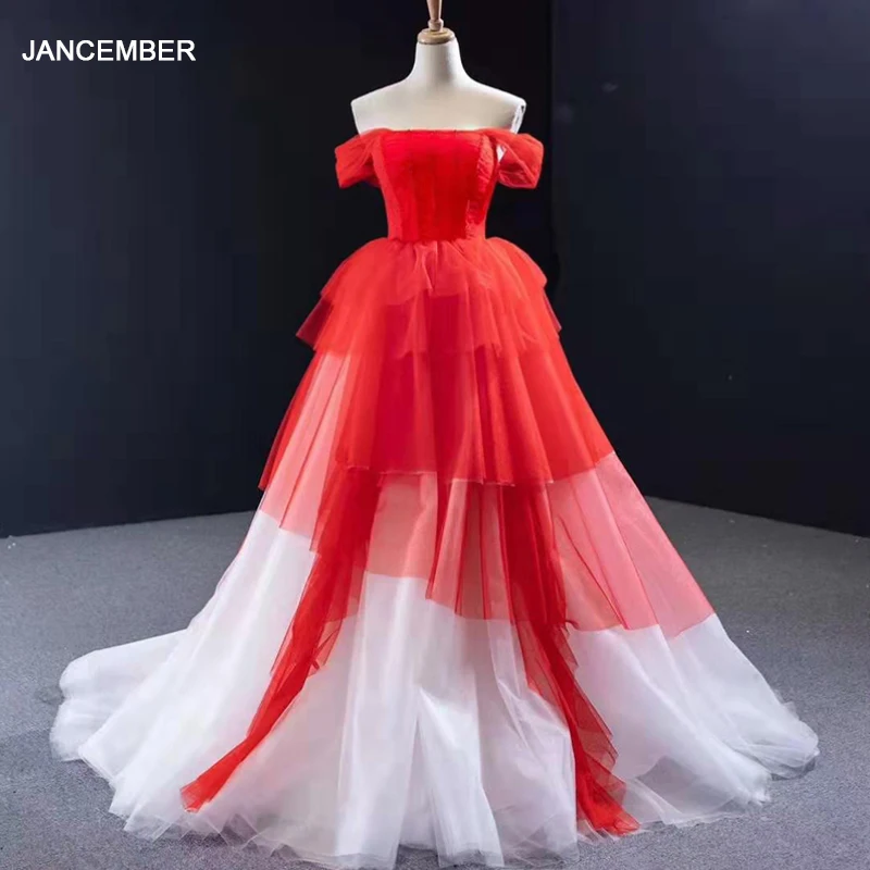 J66995 jancember красные платья для выпускного вечера без бретелек с открытыми плечами короткий рукав бальное платье со шлейфом Вечернее Платье vestidos de festa