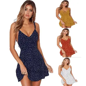 

2020 Summer Women Dress V Neck A Line Sexy High Waist Dot Printing Mini Dresses Vestidos Back Lacing Straps Backless Dress XXXL