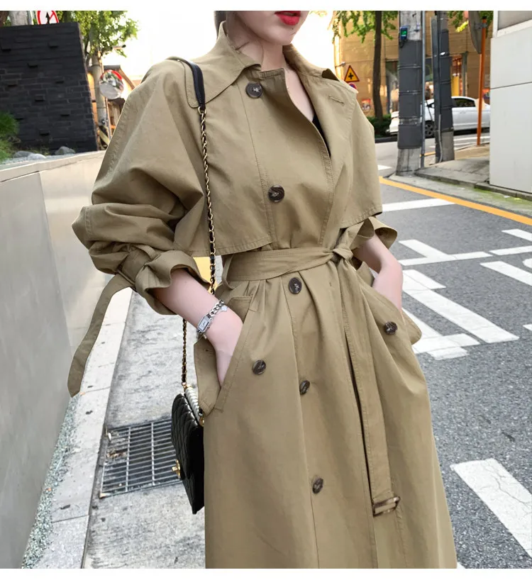 Women 's Trench Coat Mid -length 2021 New Korean Style Elegant Fashion Casual Spring and Autumn Khaki Long Double Breasted Full
