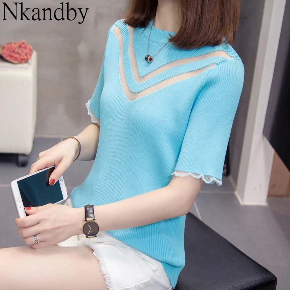 

Plus Size V Mesh Hollow Out Knitted Chic Tops 2020 Summer Skinny Short Sleeve Elegant Fashion Oversize Stretch Korean T-shirt