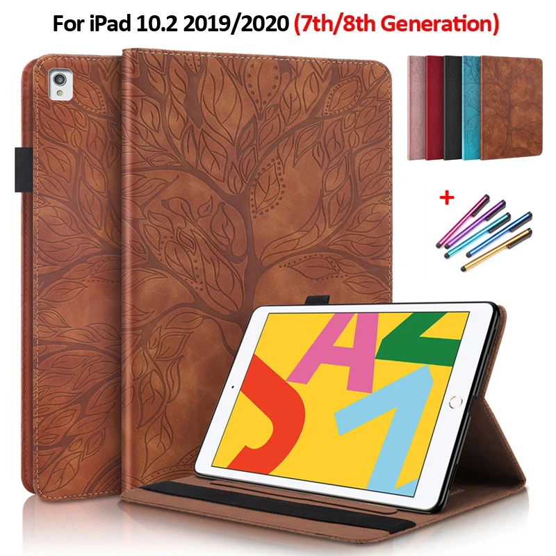 étui rabat en cuir motif arbre gaufré pour ipad