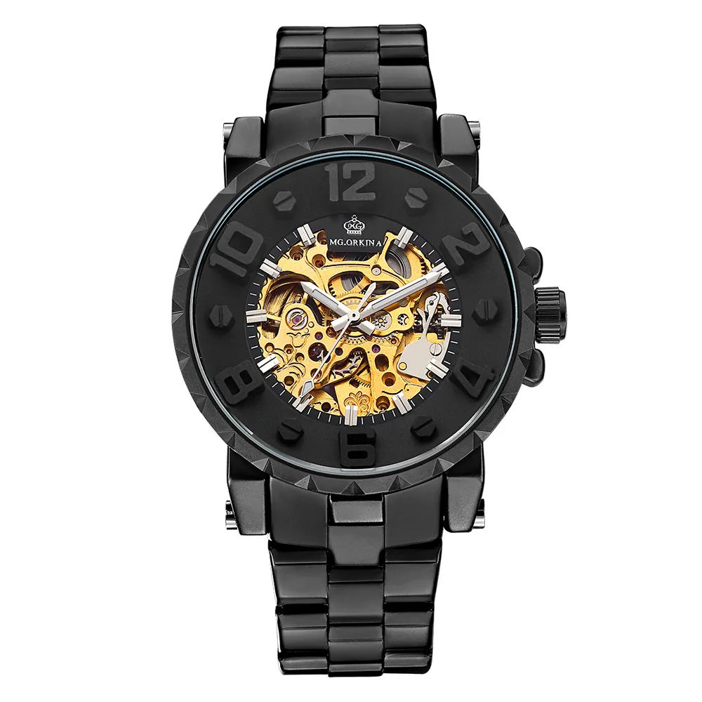 ORKINA Brand Automatic Mechanical Watches Men Luxury Gold Skeleton Black Stainless Steel Men's Automatic Self-Wind Wristwatches