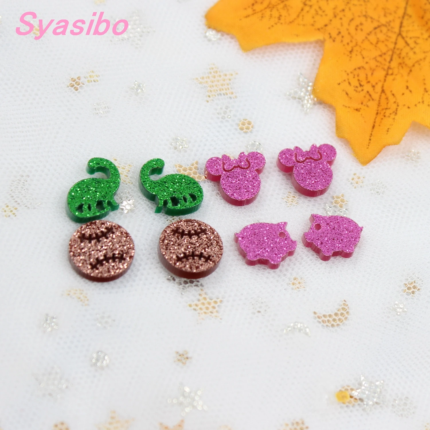40pcs /lot) 12mm Assorted Giltter Earring(No Stud back) Pink Female Mouse Ball Dinasour Earrings 0.5inches Laser Cut-AC1578