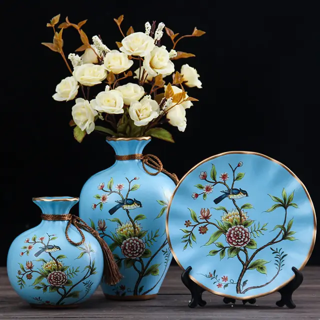 3Pcs/Set Ceramic Vase Dried Flowers Arrangement Wobble Plate Living Room Entrance Ornaments Home Decorations 32