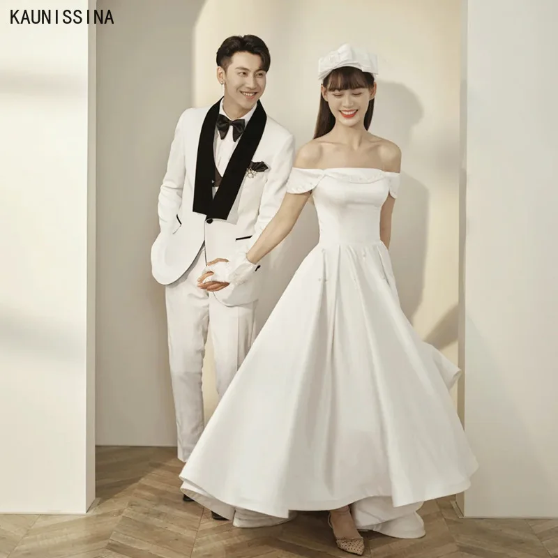 

KAUNISSINA Simple Satin Wedding Dress Off the Shoulder White Bride Gowns Elegant Vestido De Novia Robe Wedding Bridal Dresses
