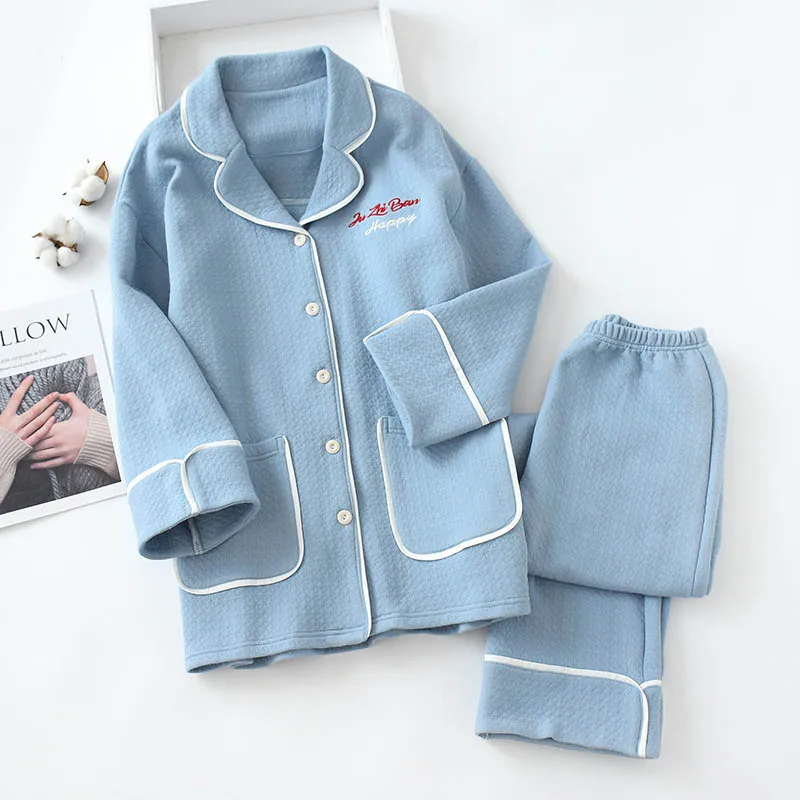blue Женская одежда для сна, хлопковый пижамный комплект, теплый зимний комплект из 2 предметов, домашний сервис, вышивка буквами, с длинными рукавами и штаны Пижама Костюм - Цвет: blue