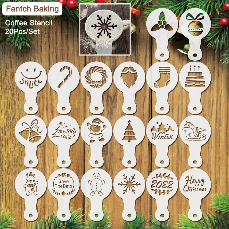 2022 Christmas Coffee Stencil 20Pcs/Set Cappuccino Template Mold Fancy Spray Cake Powdered Sugar Chocolate​ Cocoa Printing | Дом и сад