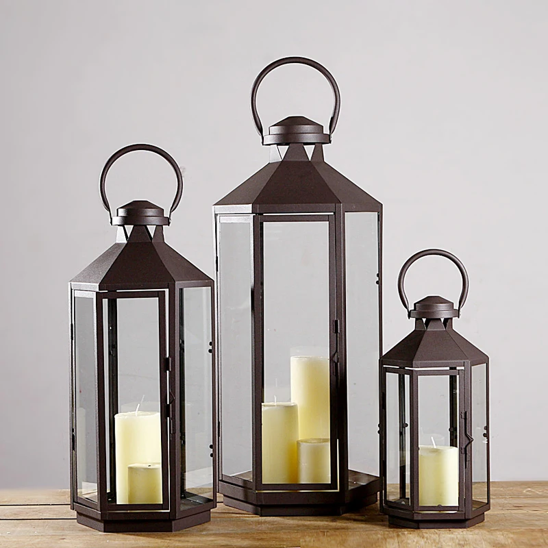 

Black Iron Outdoor Candle Holder Glass Stand Crystal Large Windproof Candle Holder Nordic Kaarsen Houder Swieczniki JJ60ZT