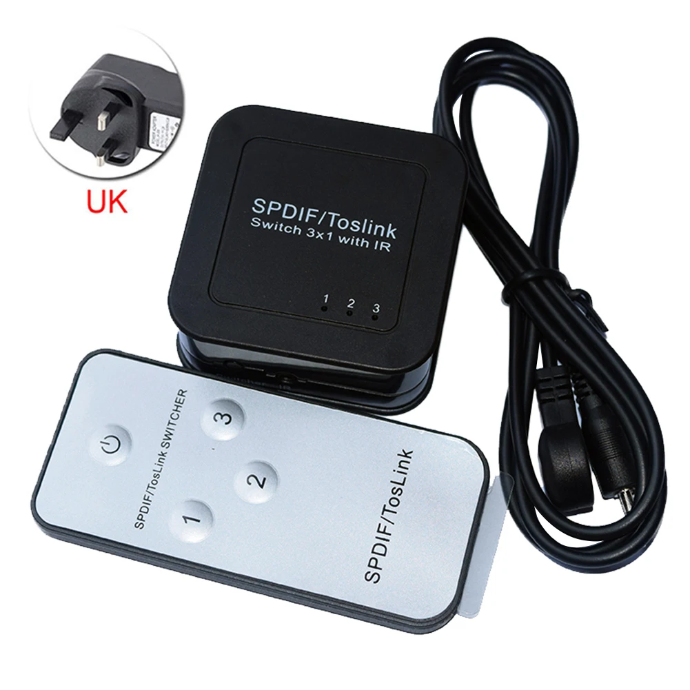 Цифровой оптический аудио TOSLINK разделитель SPDIF 1x3 один вход на три выхода поддержка LPCM2.0 DTS с ИК-пультом дистанционного управления - Цвет: UK Plug