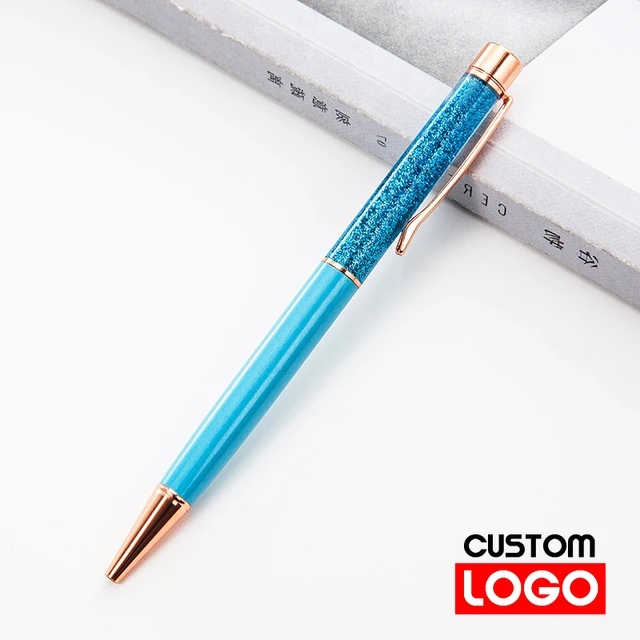 Creative Gold Foil Oil Pen Crystal Wafer Pen High-grade Metal Signature Pen Custom LOGO Lettering Engraved Name Stationery blue