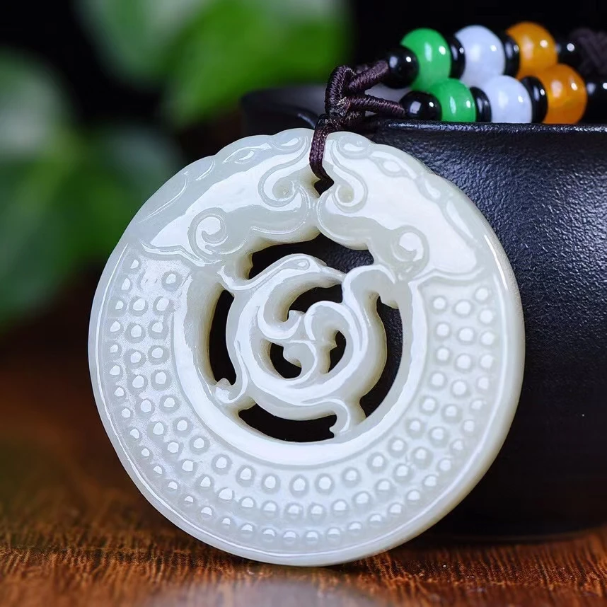 

Valuable He Tian White Jade Hand Carved Pendant Classical Plan Dragon Phoenix Amulet Hanging Necklace