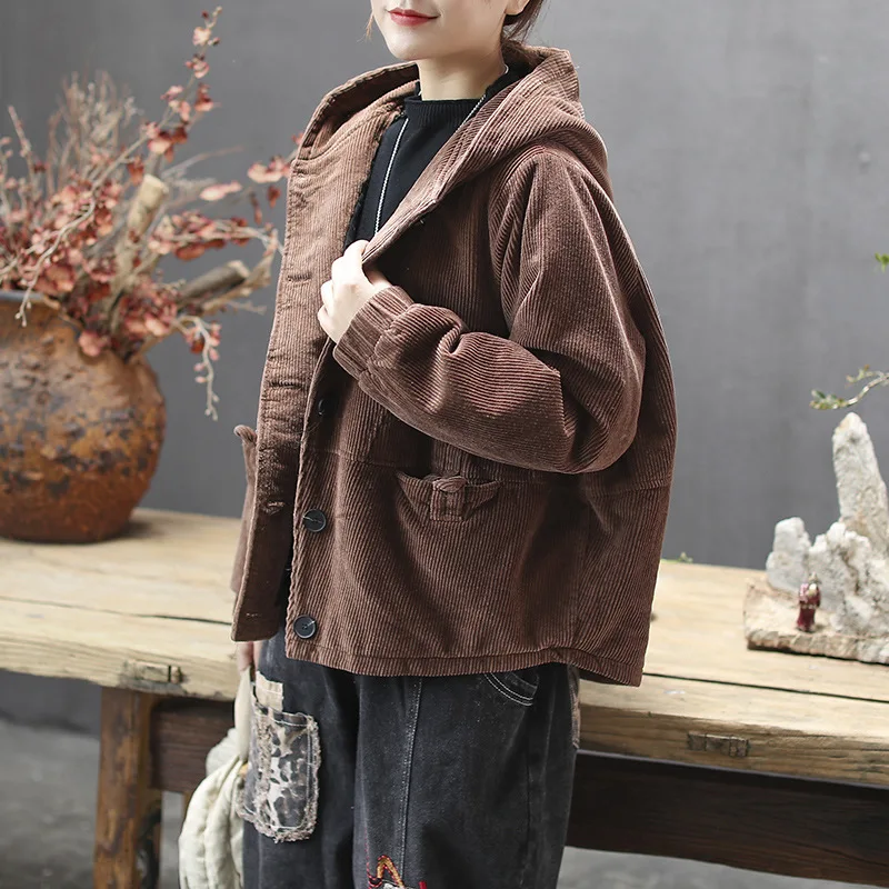 QPFJQD Ladies Autumn Winter Corduroy Jackets Vintage Loose Padded Coat Women Hooded Pocket Tops Casual All-Match Girls Clothes