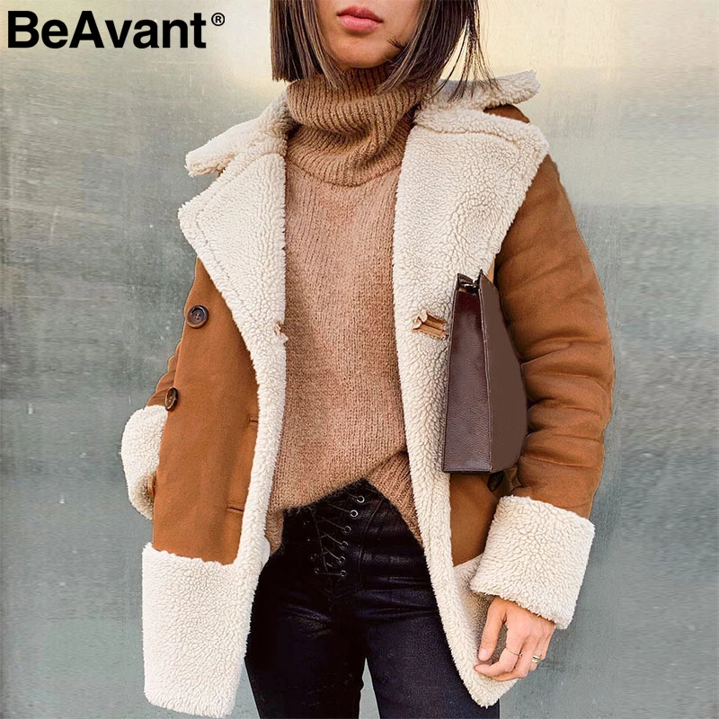

BeAvant Vintage suede patchwork fur coat women Buttons pockets teddy warm overcoat Autumn winter streetwear ladies long jackets
