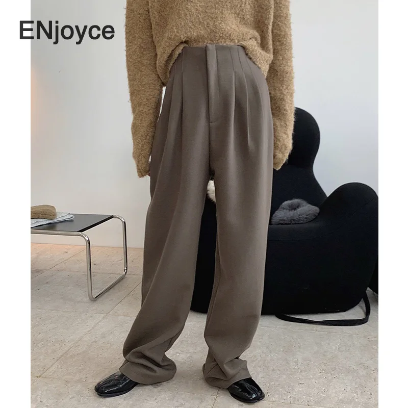 Women High Waist Wide Leg Plus Long Wool Straight Pants British Loose Trousers Office Ladies