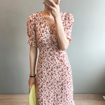 

Sharezz Summer Chiffon Long Dress Woman V Neck Print Pink Sweet Elegant Casual Yellow Sundress Female Vestidos