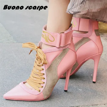 

2019 Sexy Fashion Pink Knight Boots Gladiator Real Leather Stilettos Women Pointed Toe Lace Up Trend Boots Abkle Boots For Women