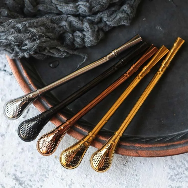 Stainless Steel Metal Straw Spoon Reusable Drinking Straws Yerba Mate Bombilla Filtered Straw Teaspoon Cocktail Bar Accessories