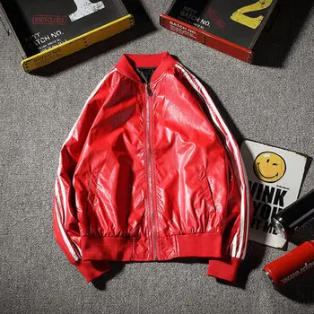 

New Autumn Winter Loose Big Size 3 Bars Motorcycle Leather Jacket Men Windbreaker PU Jackets Male Warm PU Baseball Uniform