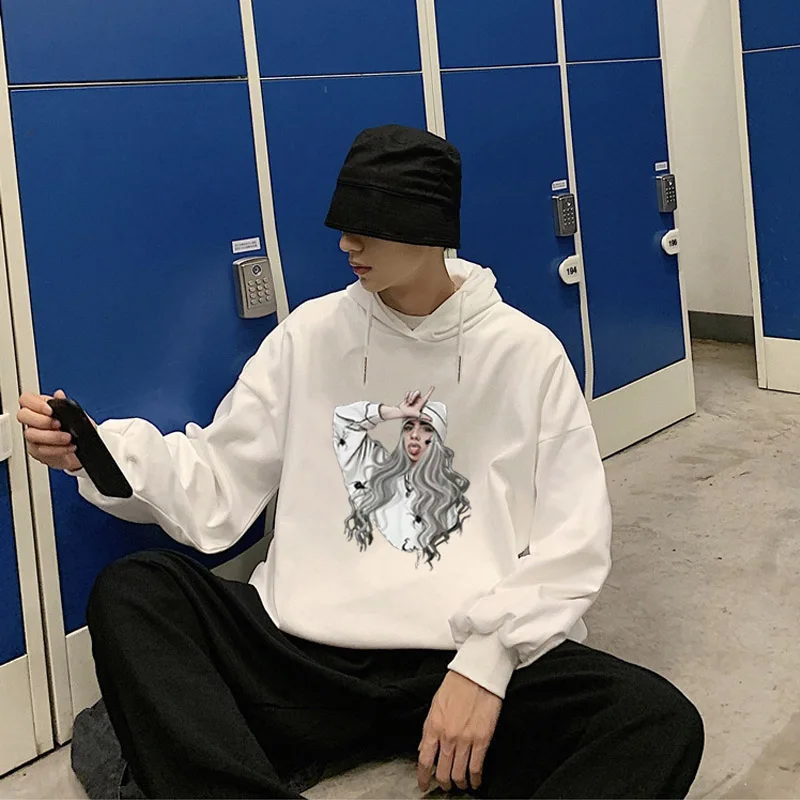 Harajuku личность Billie Eilish Забавный принт пара Повседневная круглый вырез Толстовка Мужская свободная толстовка хип хоп пальто уличная одежда