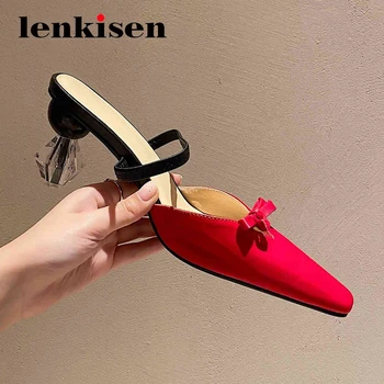

Lenkisen new french romantic butterfly-knot sweet party dating square toe high strange heel mules slip on women summer pumps L26
