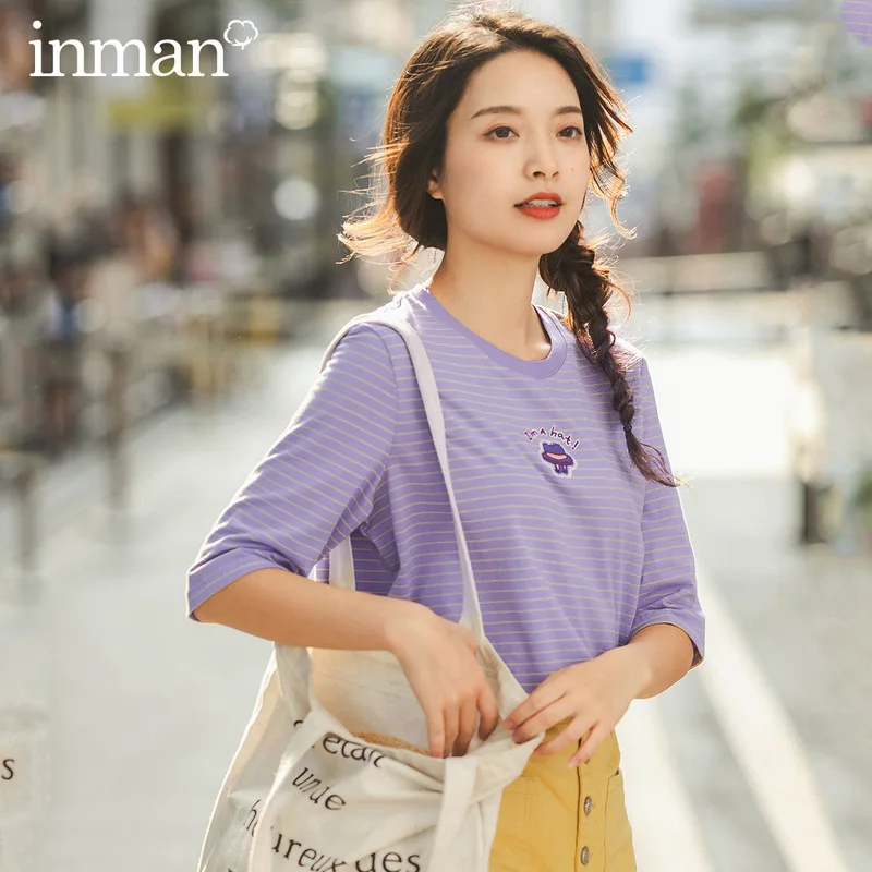 

INMAN 2020 Spring New Arrival Cotton Cross Stripe Pattern Elastic Ventilate Medium Sleeve T-shirt