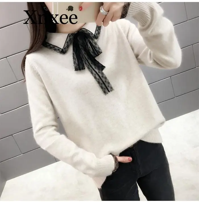 

Elegant Lace Turn-down Collor Sweater Women Jumper 2019 Autumn Winter Long Sleeve Knitted Pullover Sweater Female Khaki lace