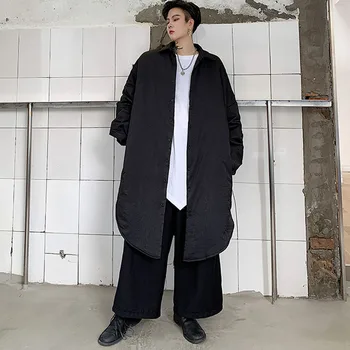 

Male Vintage Streetwear Hip Hop Long Shirt Coat Outerwear Men Oversize Long Sleeve Loose Casual Thick Cotton Padded Shirt Jacket