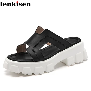 

Lenkisen european style cozy cow leather wedges thick bottom slip on daily wear non-slip maiden beauty lady summer slipper L62
