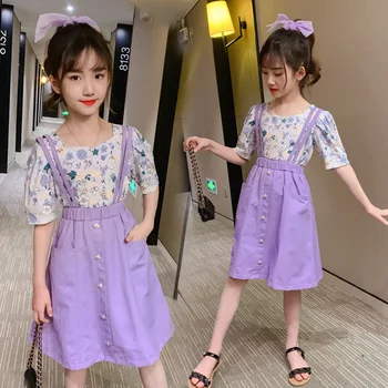 

Leisure Fashion Girls' Suit Pure Cotton Broken Flowers Jacket Loose Straps Two-piece Set Little Girl Sweet Children's Clothes