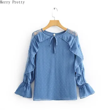 

Ruffles Chiffon Top And Blouse Ladies Elegant Flare Sleeve O-neck Floral Lace Shirts Women 2020 Spring Workwear Elegant Blouse