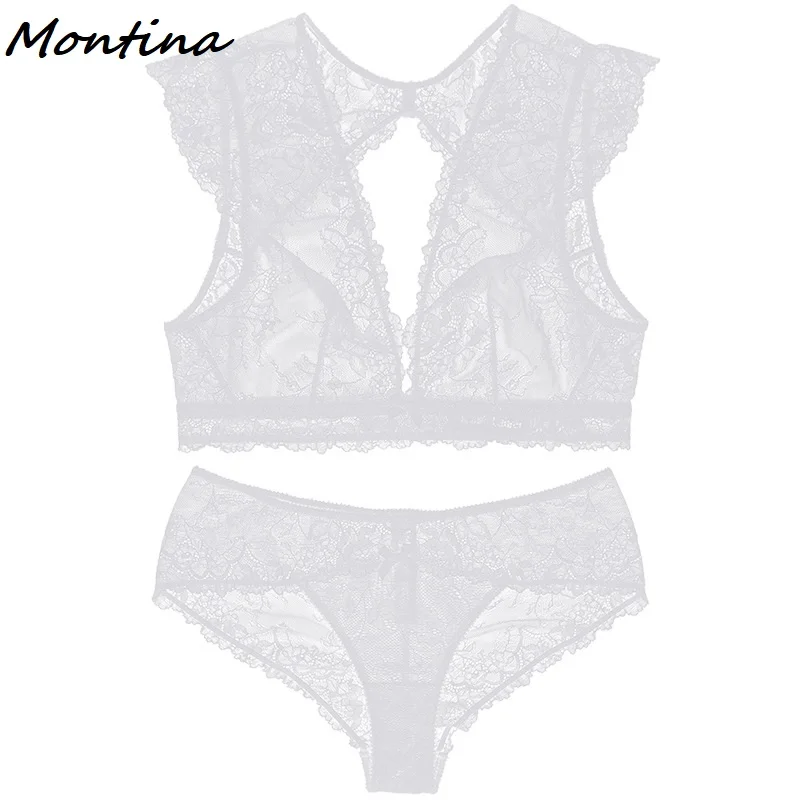 Белый Bra and Panty Set Transparent Bra Ultra Thin Bra Unlined Wire Free Lace Clearance Deep V See Through Sexy Underwear Set Women - Цвет: Белый