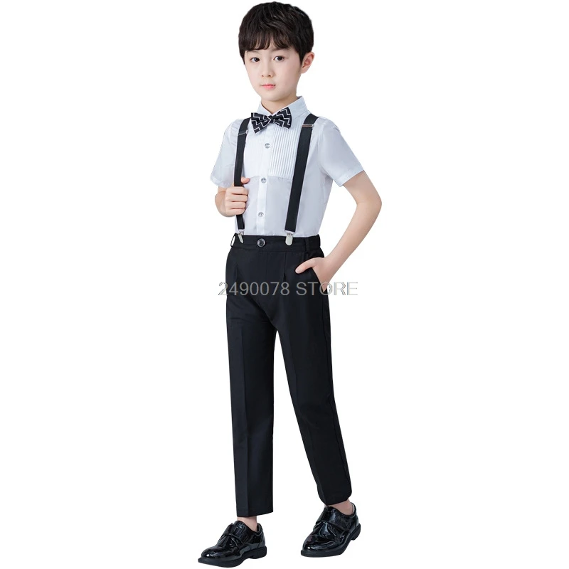 

Flower Boys Formal Wedding Suit Gentleman Kids Prince Strap Shirt Pants Bowtie 4Pcs Dress Girls Piano Performance Costume