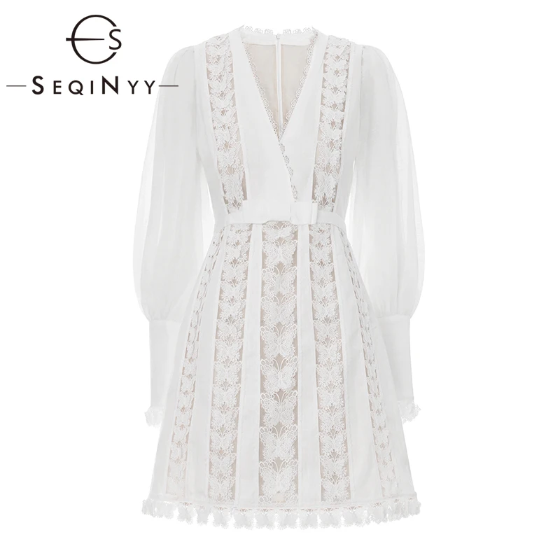 SEQINYY, белое платье,, лето, весна, новинка, модный дизайн, женское, длинный рукав, Бабочка, кружево, открытое, повседневное, шифоновое, мини платье