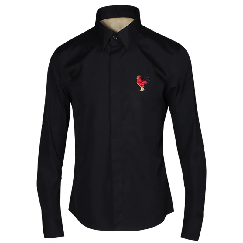 Мужской хипстер петух вышивка платье рубашки Camisa Masculina 2019 роскошный бренд Slim Fit с длинным рукавом черная рубашка мужской смокинг рубашки