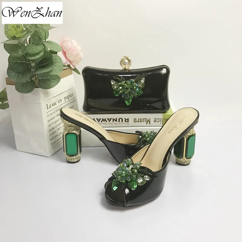Роскошная Свадебная женская обувь на каблуке с подходящей сумочкой-клатчем с зелеными кристаллами; вечерние босоножки на высоком каблуке наивысшего качества; женские C912-5 - Цвет: as picture