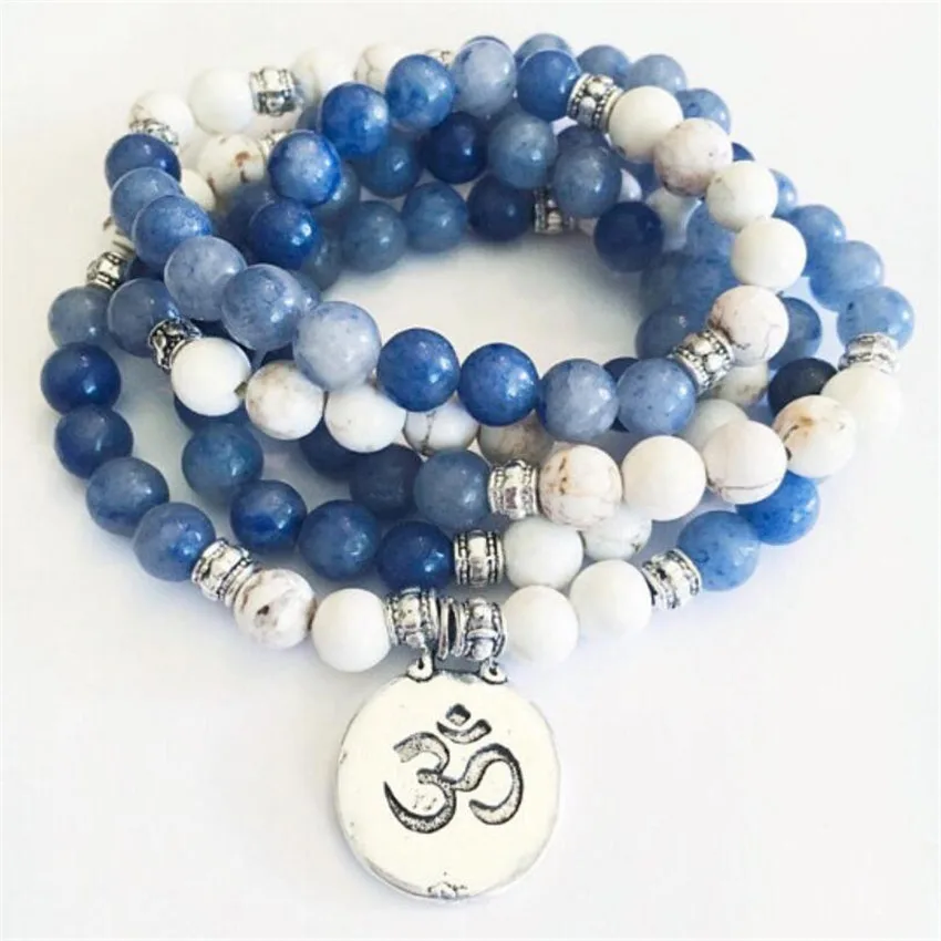 

8mm Blue Jade Gemstone Howlite 108 Beads Mala Necklace Bless Tassel Multicolor Unisex Gemstone spirituality Meditation Buddhism