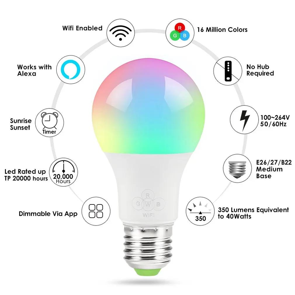 

WiFi Smart Light Bulb Dimmable Multicolor Wake-Up Lights No Hub Required Compatible with Alexa and Google