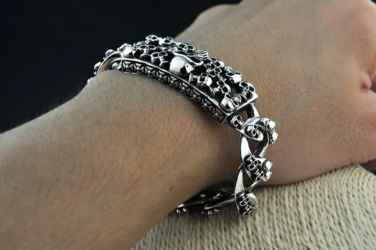 BOCAI New solid 925 silver jewelry retro Thai silver skull s925 silver bracelet for man wide face thick domineering man bracelet
