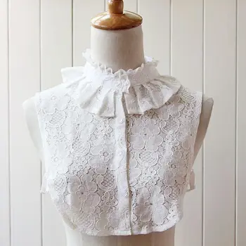 

Women Girls Layered Ruffles False Fake Stand Collar Full Crochet Floral Lace Shawl Detachable Button Down Half-Shirts Blouse