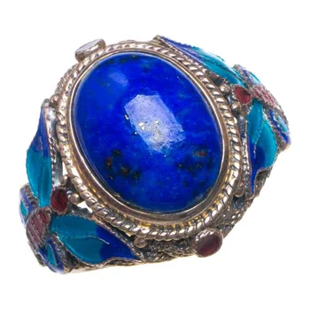 

Natural Lapis Lazuli And Cloisonne Opening Handmade 925 Sterling Silver Ring 8.25 D1274