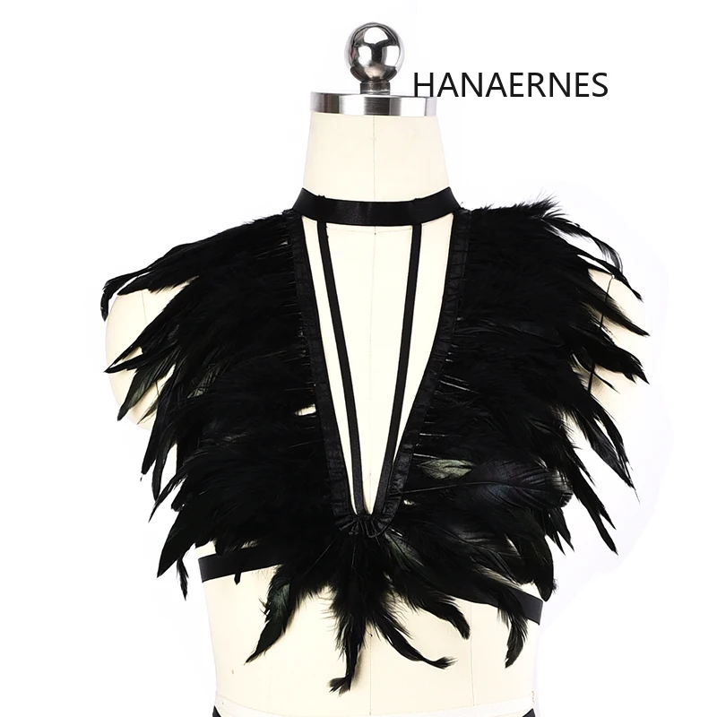 HANAERNES Black feather epaulette bra restrained shoulders holiday prom wearing steampunk goth body suspenders underwear