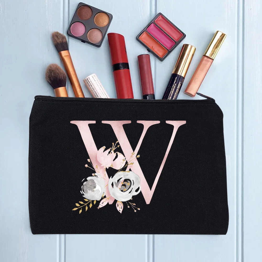Women's Cosmetic Makeup Bags Female Organizer Pink Flower 26 Letters School Pencil Cases Carrying Bag for Coin Purse