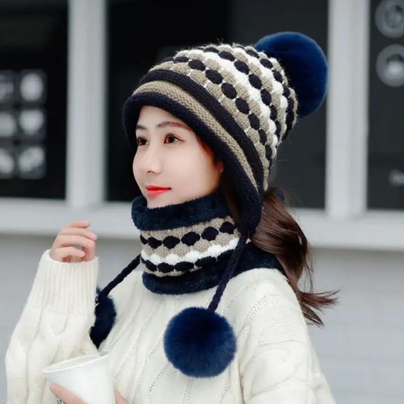 navy hat bib Теплая вязаная шапка для женщин, зимние модные шапочки, милая шапка, бархатная шерстяная шапка, Женская Толстая вязаная шапка, шарф - Цвет: navy hat bib