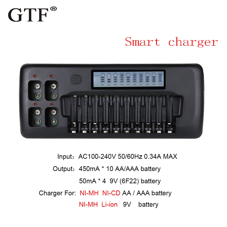 GTF Smart 9V 6F22 Battery Charger for 1.2V AA AAA Ni MH Ni CD 9V Li ion Rechargeable Batteries