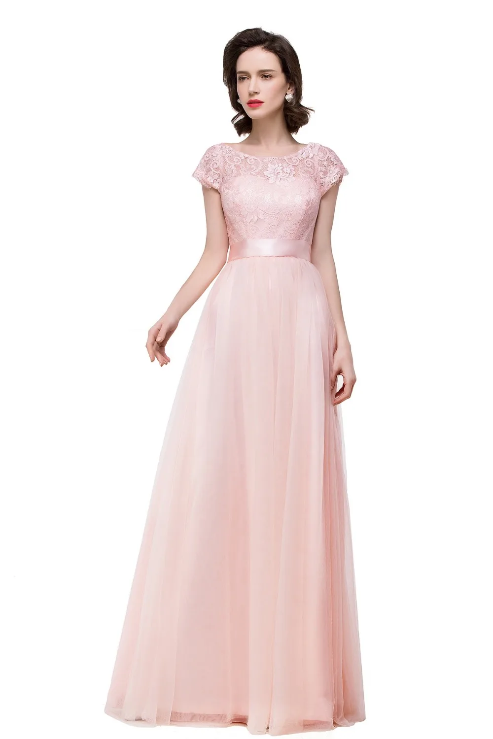 Pink Tulle Long Evening Dress Elegant A line Formal Party Gown Sleeved Backless Lace Applique robe de soiree